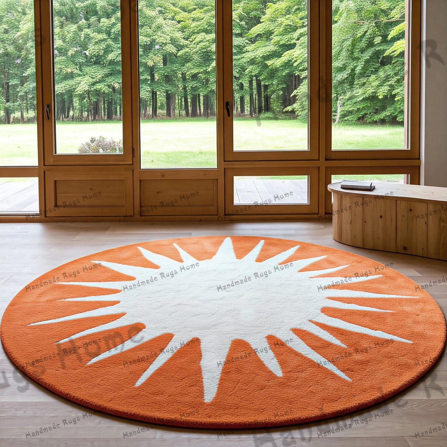 Soft Orange round hand-tufted rug, perfect for brightening up your home. Its plush feel and bold color make it a stylish addition to any room.