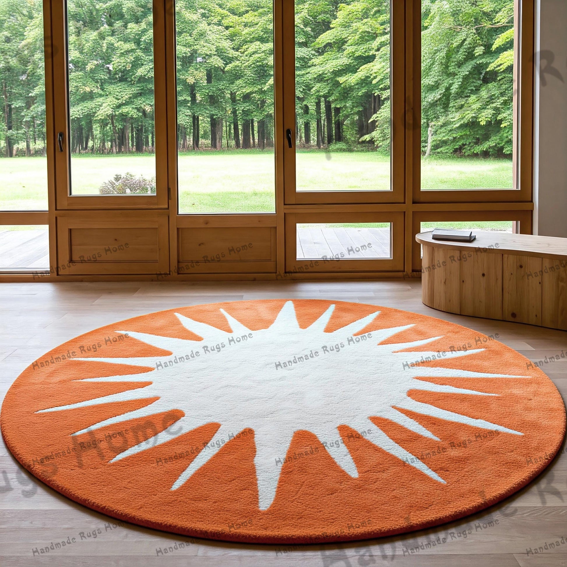 Soft Orange round hand-tufted rug, perfect for brightening up your home. Its plush feel and bold color make it a stylish addition to any room.