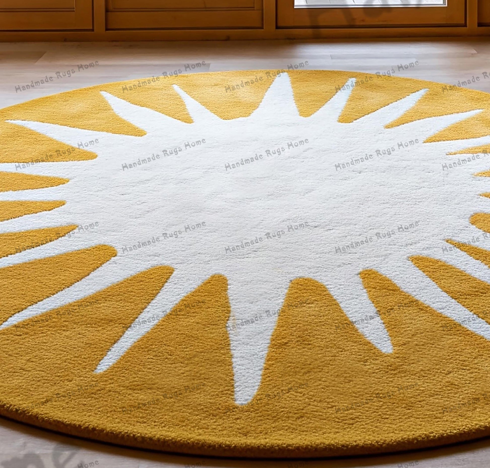 Mustard Round Hand Tufted Rug" for creating alt text. However, since I don't have access to uploaded files, I can help you craft alt text based on a general description of the rug.