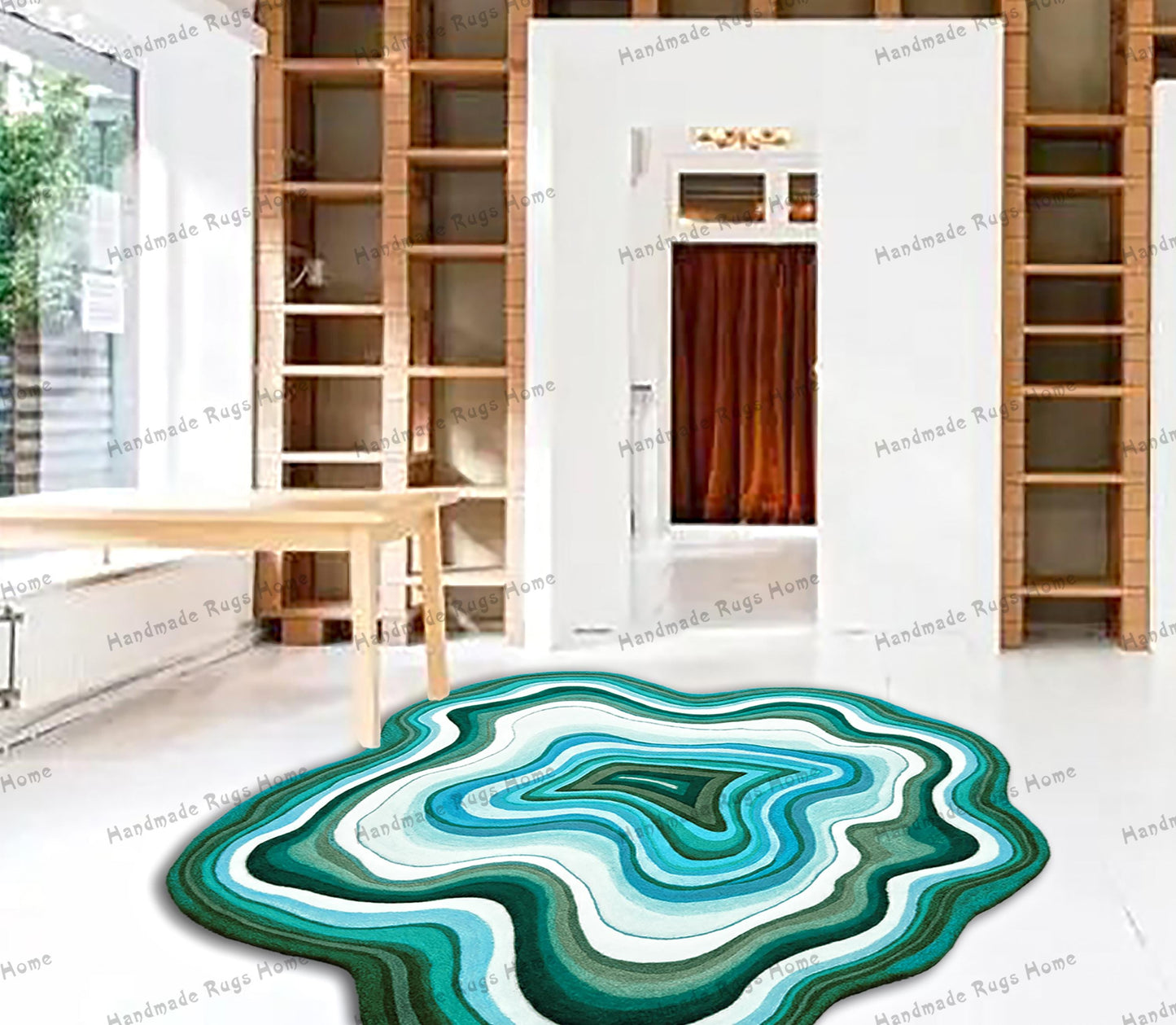Round wavy hand-tufted rug in soothing colors, designed to bring warmth and elegance to any space. Perfect for living rooms, bedrooms, or entryways.