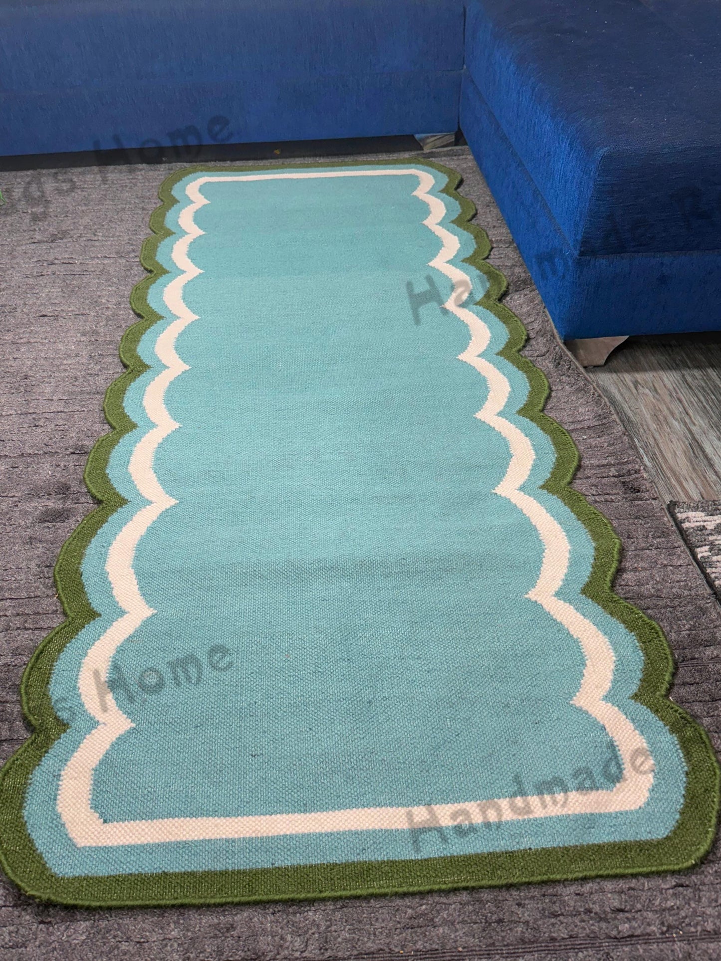 Handwoven Wool Dhurrie Rug: Calming Blue Scalloped Edge, 2.5 x 6