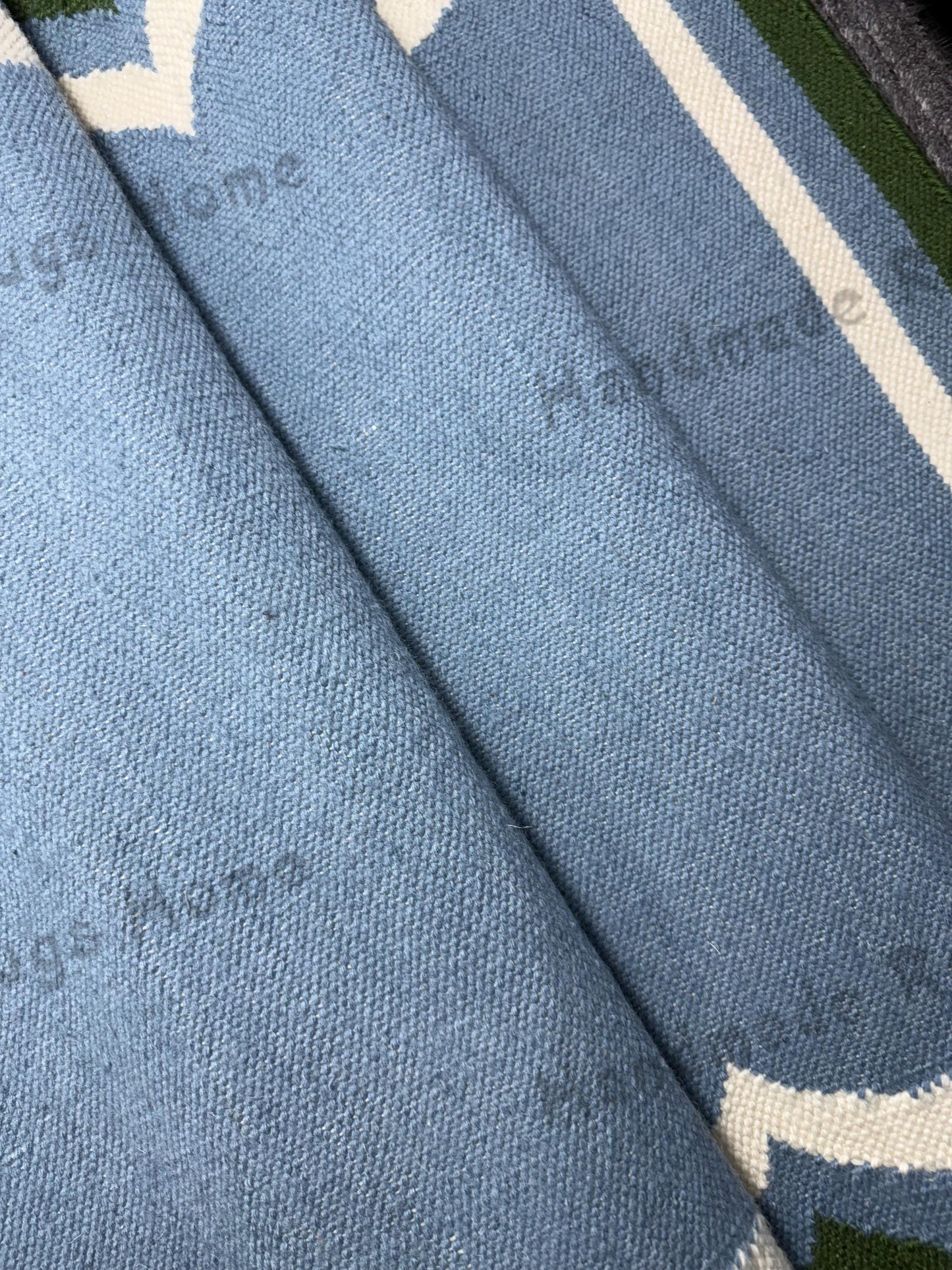 Handwoven Wool Dhurrie Rug: Calming Blue Scalloped Edge, 2.5 x 6