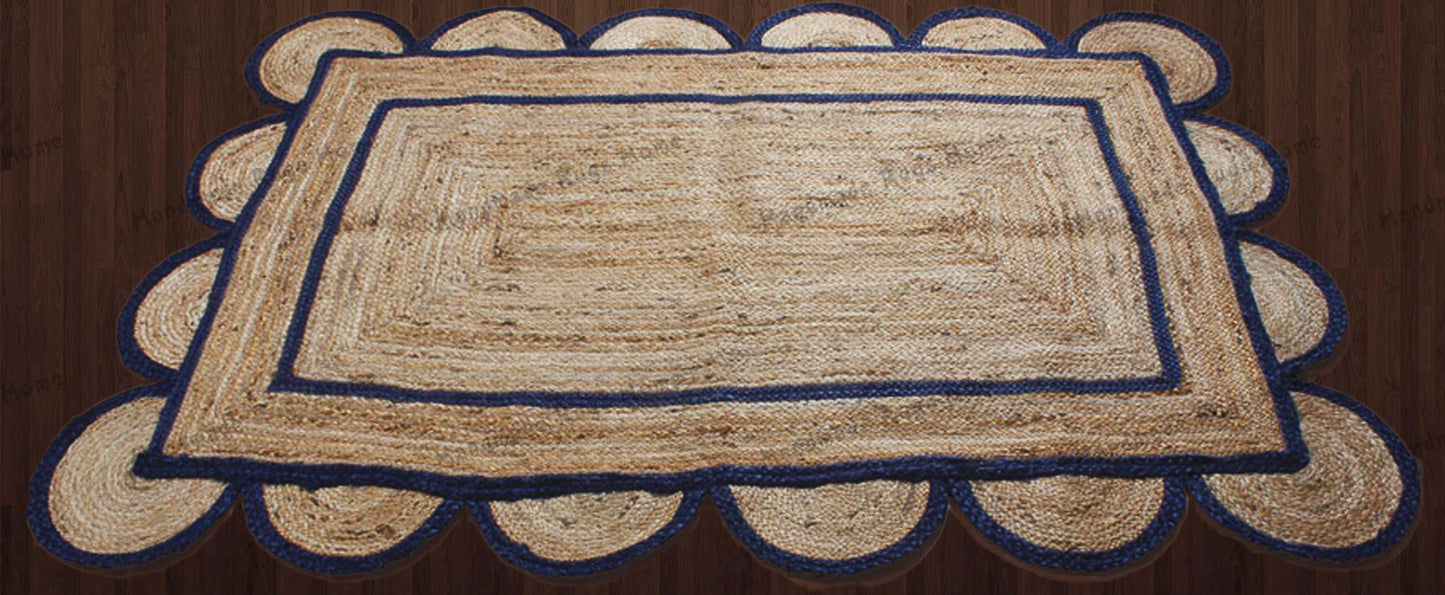 Handwoven Scalloped Jute Area Rug: Navy Border, Eco-Friendly Decor