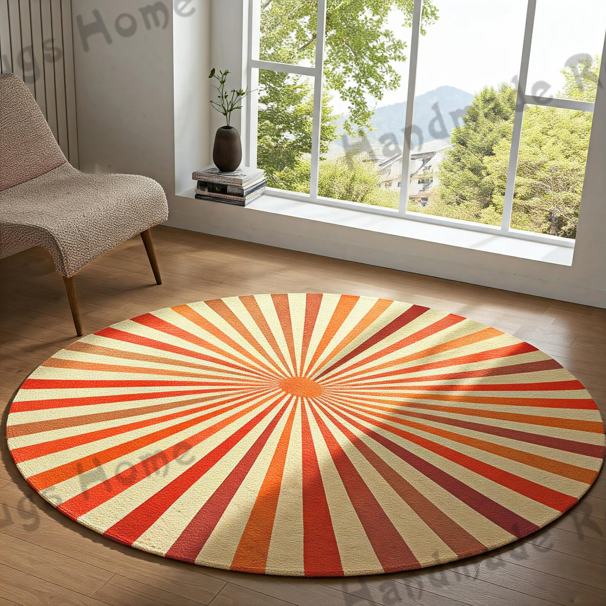 Hand-Tufted Wool Round Rug: Vibrant Sunburst Design
