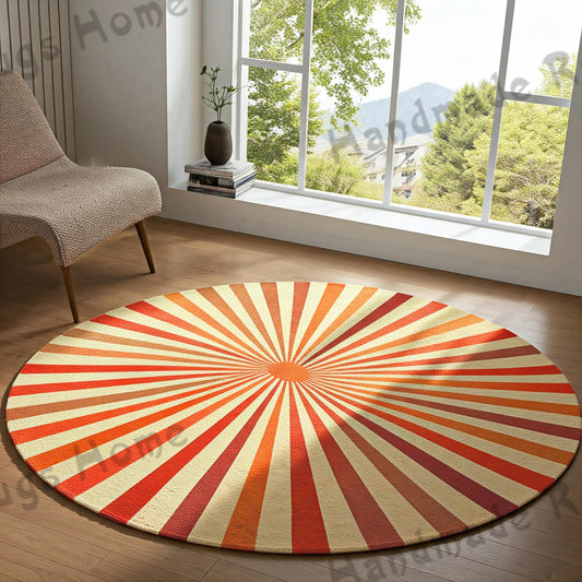 Hand-Tufted Wool Round Rug: Vibrant Sunburst Design