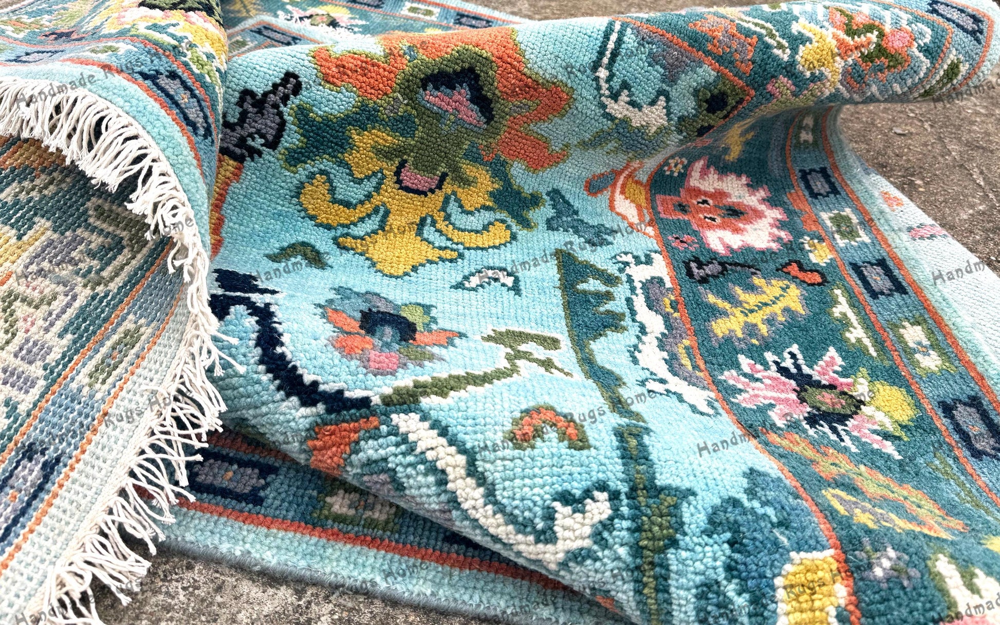 Vibrant handmade rugs,
High-quality Oushak rug,
Boho chic rug,
Durable wool rug,
Colorful home accents,
Rug for entryway,
Artisanal woven rug,
Large blue area rug,
Traditional decor rug,
Rugs with floral designs,