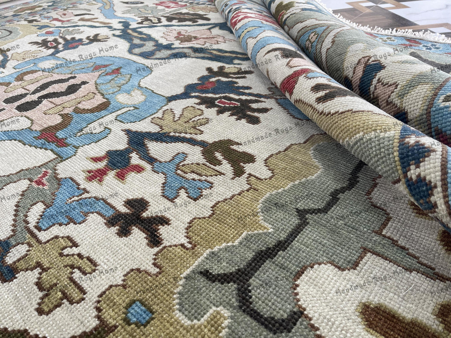 Luxury Handmade Oushak Rug – 9x12 Traditional Turkish Wool Carpet in Neutral Beige, Blue & Olive Green."