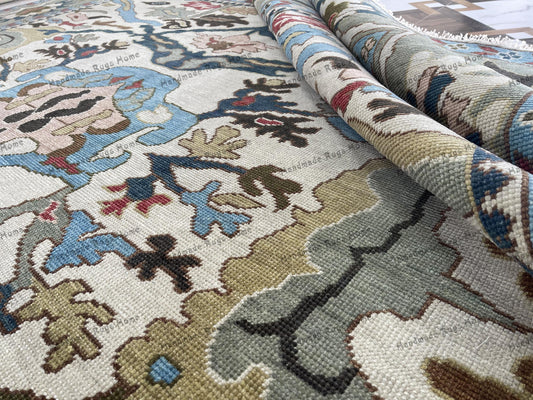 Luxury Handmade Oushak Rug – 9x12 Traditional Turkish Wool Carpet in Neutral Beige, Blue & Olive Green."