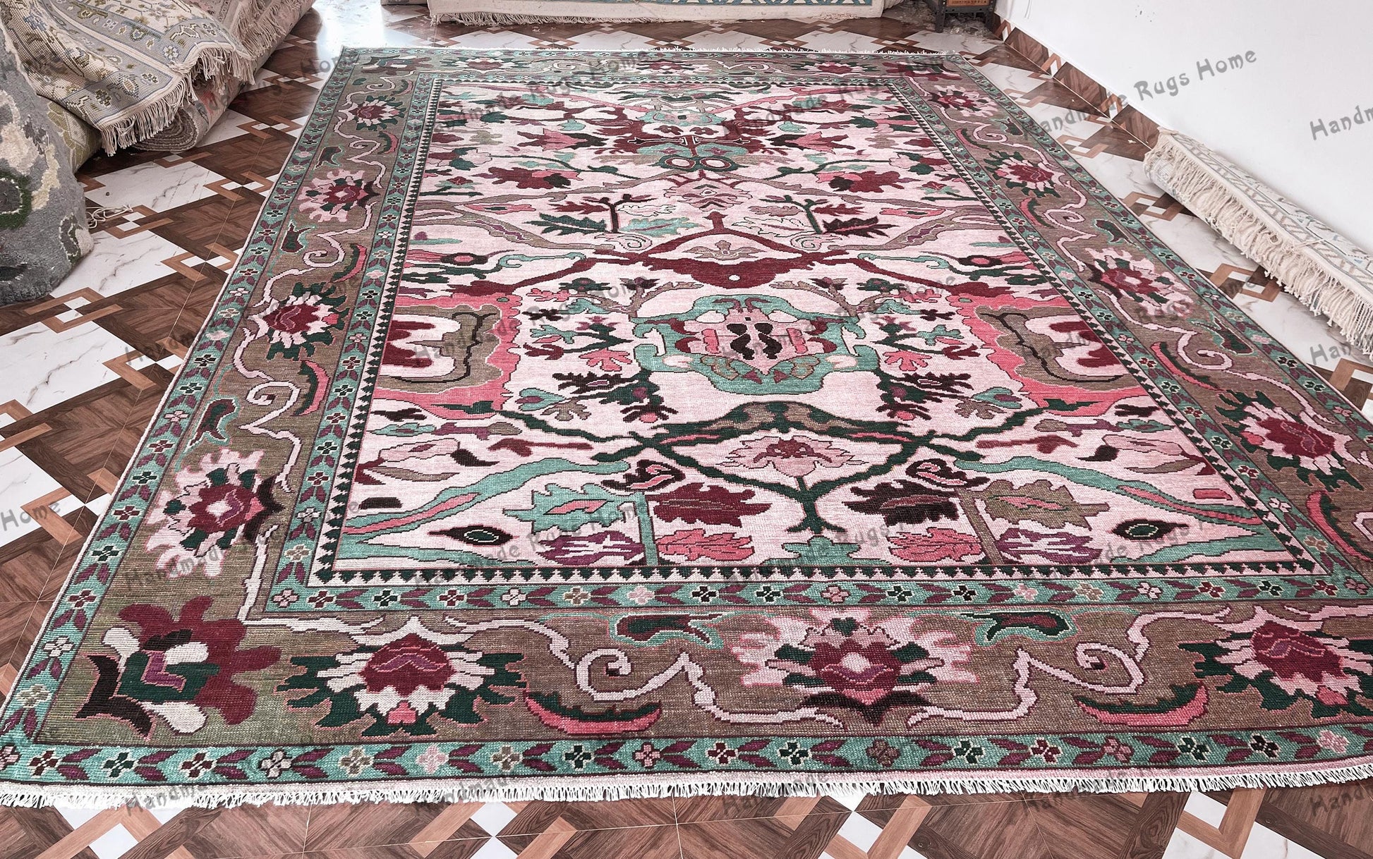 Handwoven Turkish Oushak Rug with Floral Motifs – Elegant Ivory, Blue & Olive Palette – Perfect for Vintage & Modern Spaces
