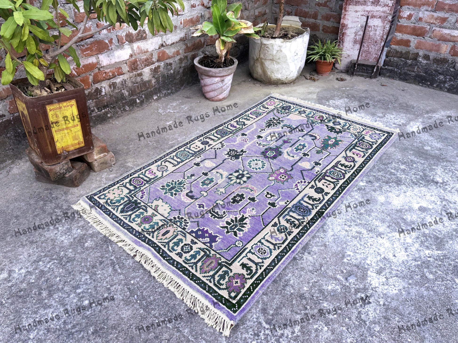 Unique artisan-made Purple Oushak rug in vibrant turquoise, perfect for cozy spaces.