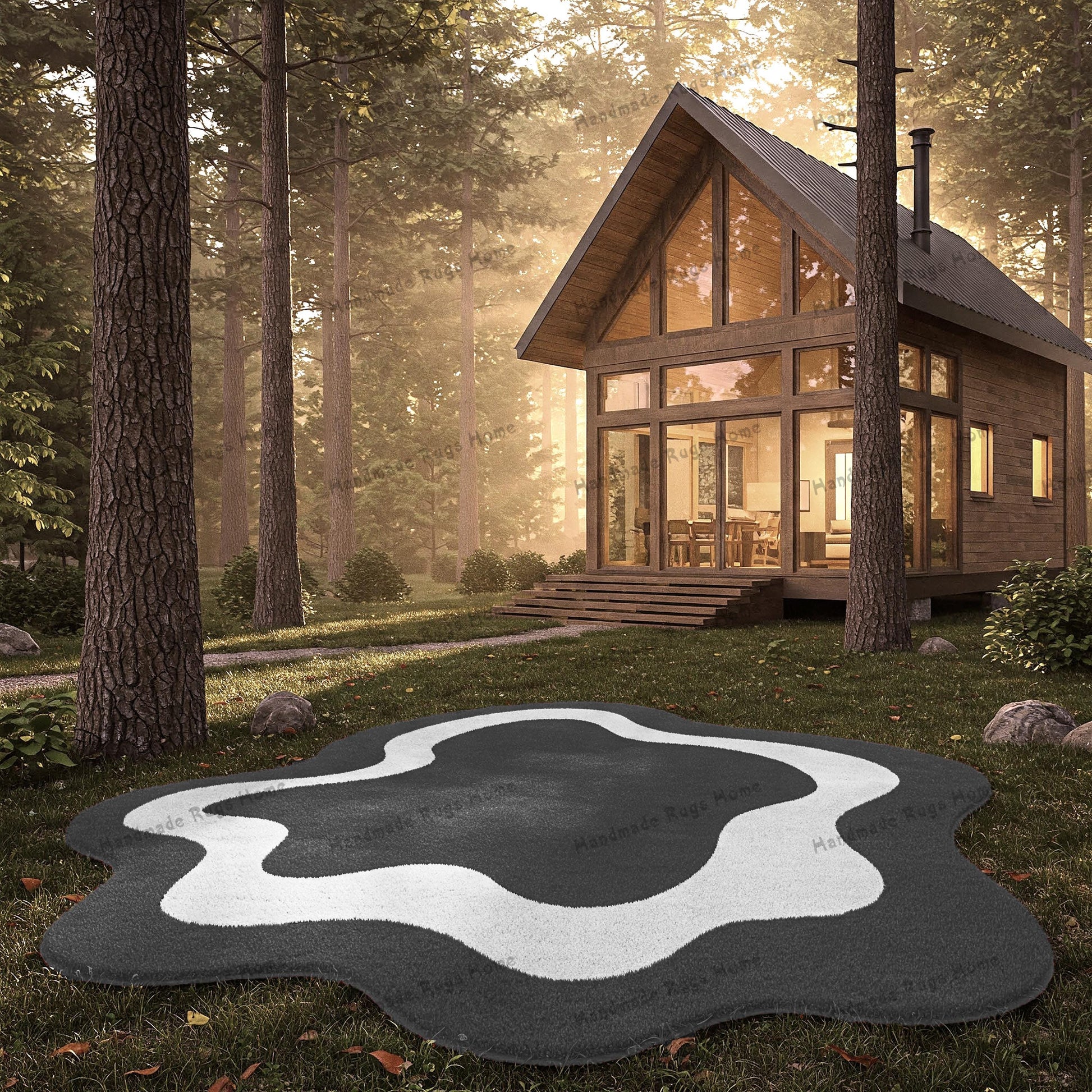 Modern tufted area rug with abstract wavy patterns enhancing a cozy natural backdrop.