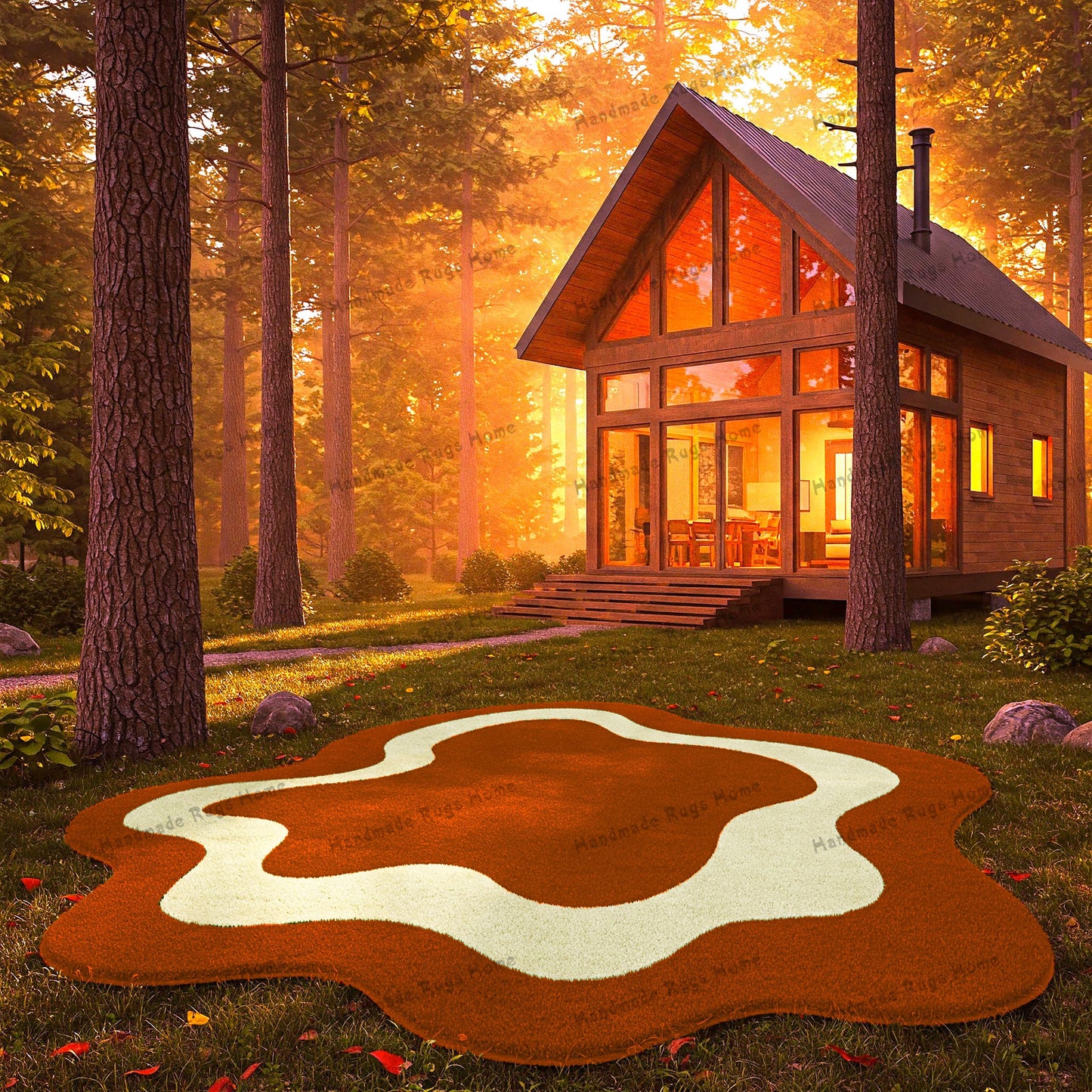 A modern tufted rug with a rust brown and cream wavy design placed outdoors near a cozy wooden cabin, creating a warm and inviting atmosphere.