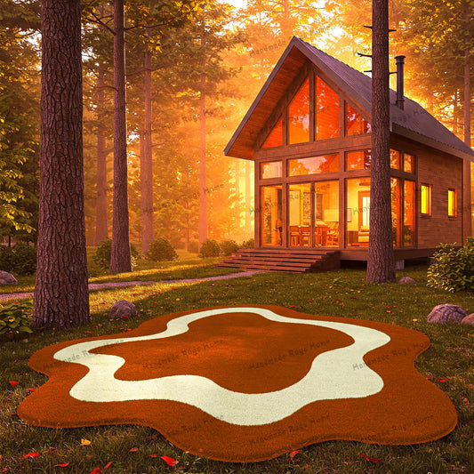 A modern tufted rug with a rust brown and cream wavy design placed outdoors near a cozy wooden cabin, creating a warm and inviting atmosphere.