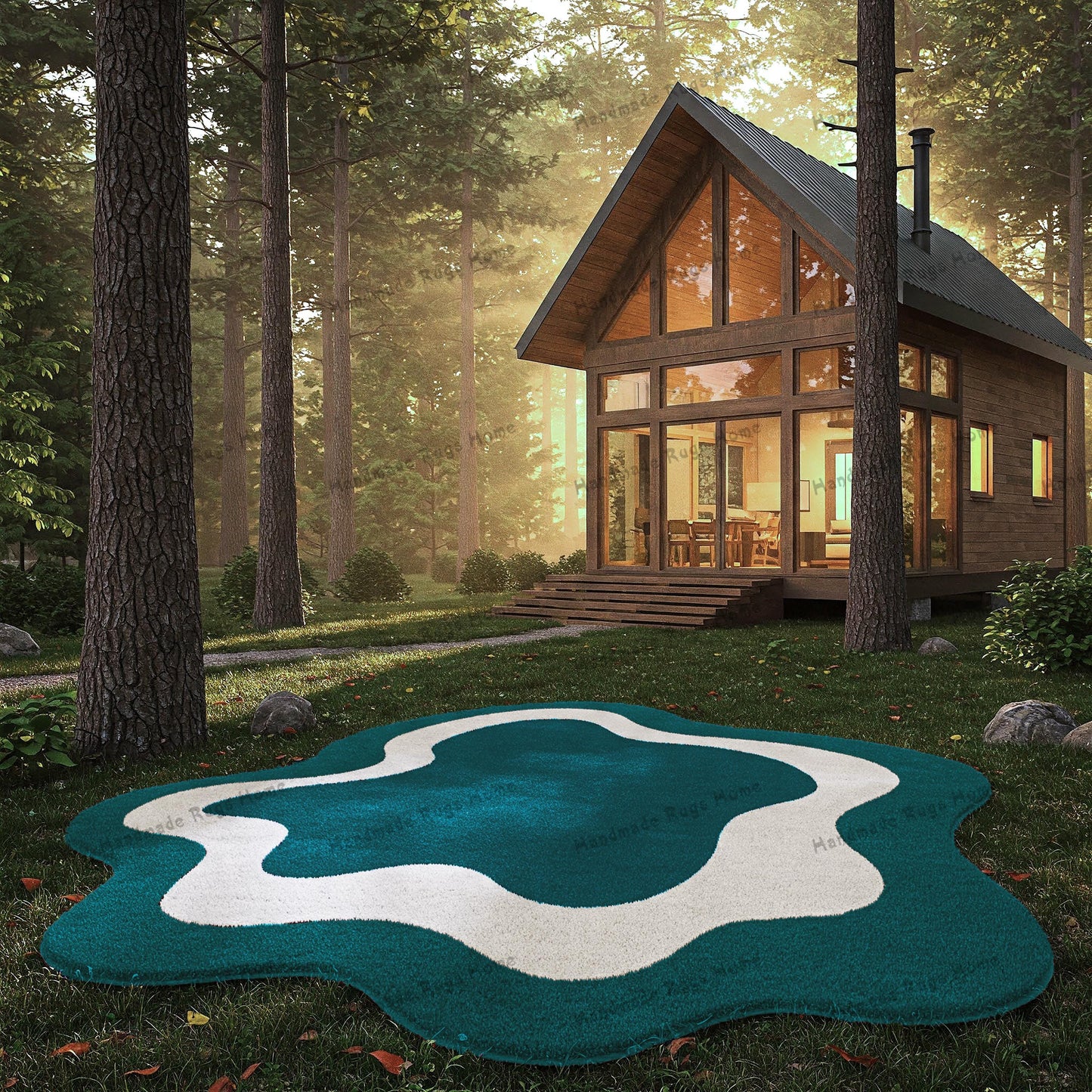 Modern cozy rug with white and deep teal colors adding charm to a cabin in the woods.