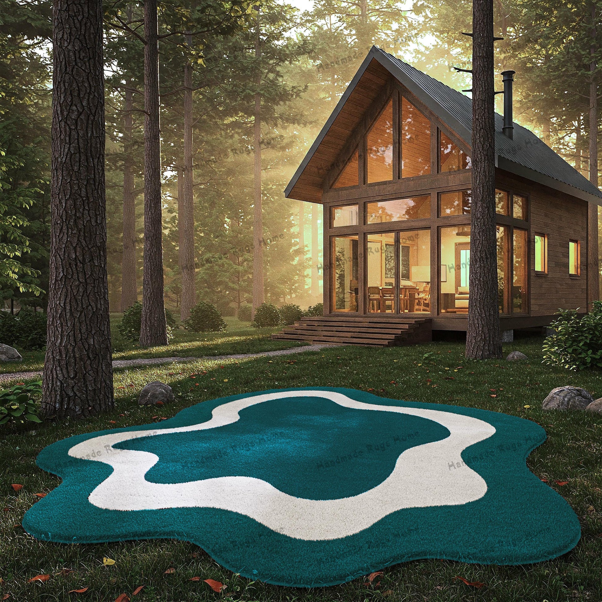 Modern cozy rug with white and deep teal colors adding charm to a cabin in the woods.