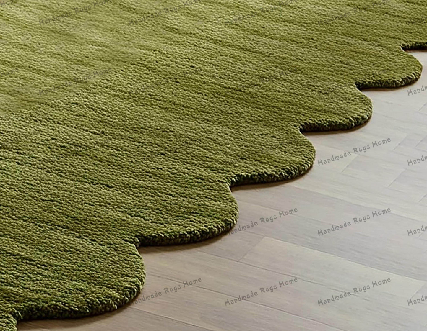 Luxurious green hand-tufted rug with soft texture, ideal for living rooms or bedrooms.