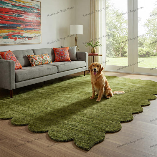 Hand-tufted modern green rug featuring geometric patterns, perfect for contemporary decor.