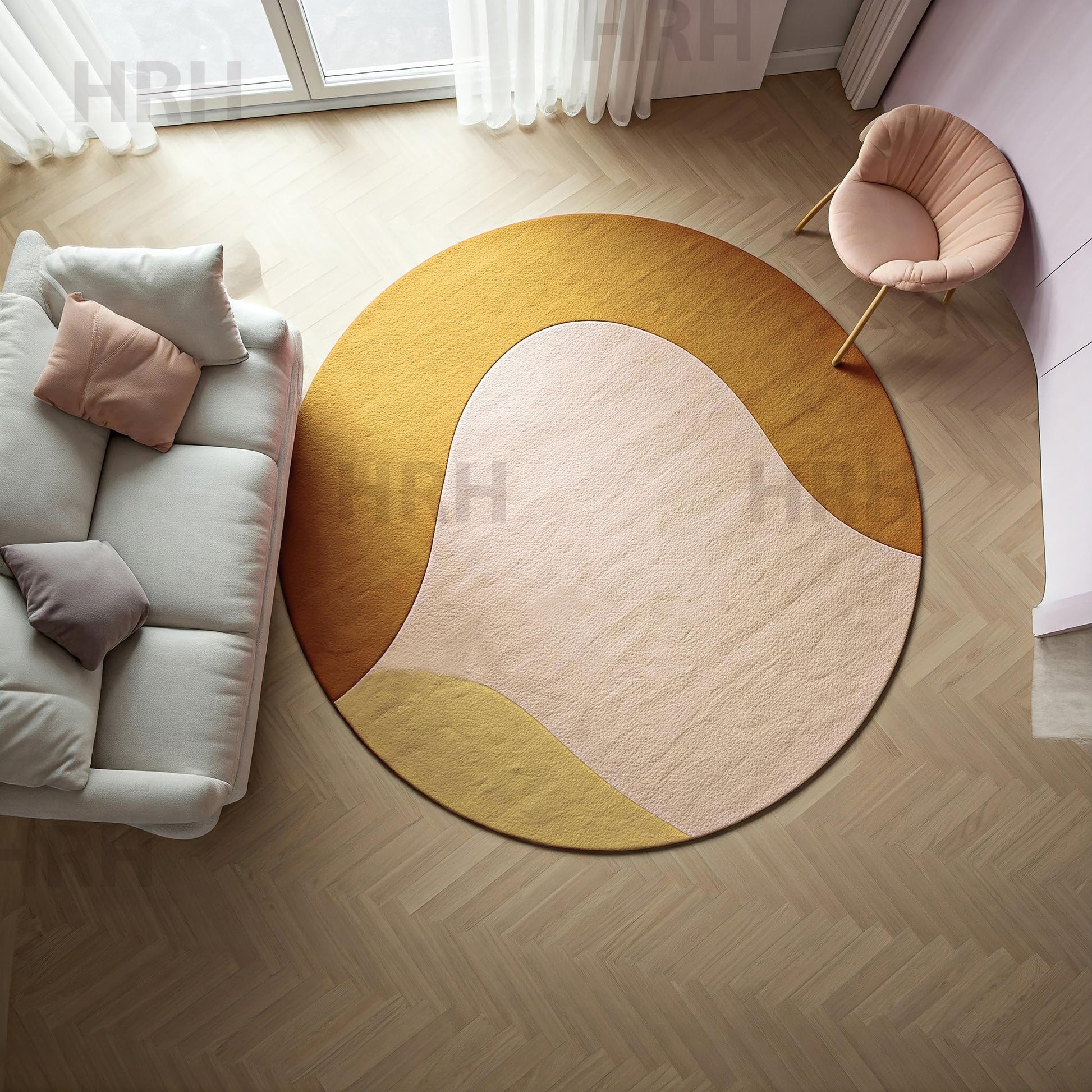 Round modern tufted rug featuring a sleek, minimalist design with soft, neutral tones and subtle texture. The rug has a plush, cozy surface, adding a contemporary touch and warmth to any room.