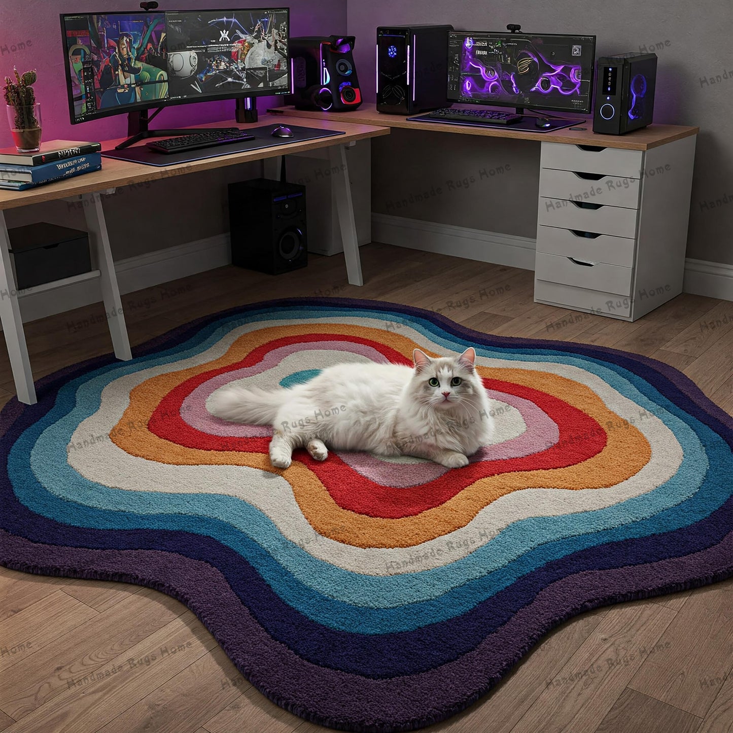 A vibrant handmade wavy abstract rug in shades of magenta, purple, and gray, placed in a cozy gaming room with dual monitors and a white cat relaxing on it, enhancing the modern and stylish decor.
