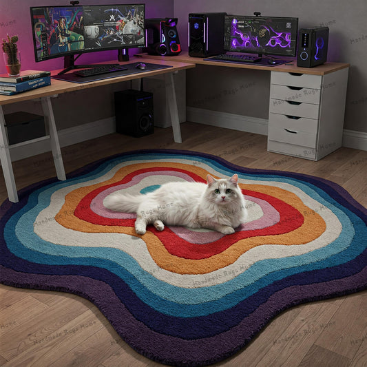 A vibrant handmade wavy abstract rug in shades of magenta, purple, and gray, placed in a cozy gaming room with dual monitors and a white cat relaxing on it, enhancing the modern and stylish decor.