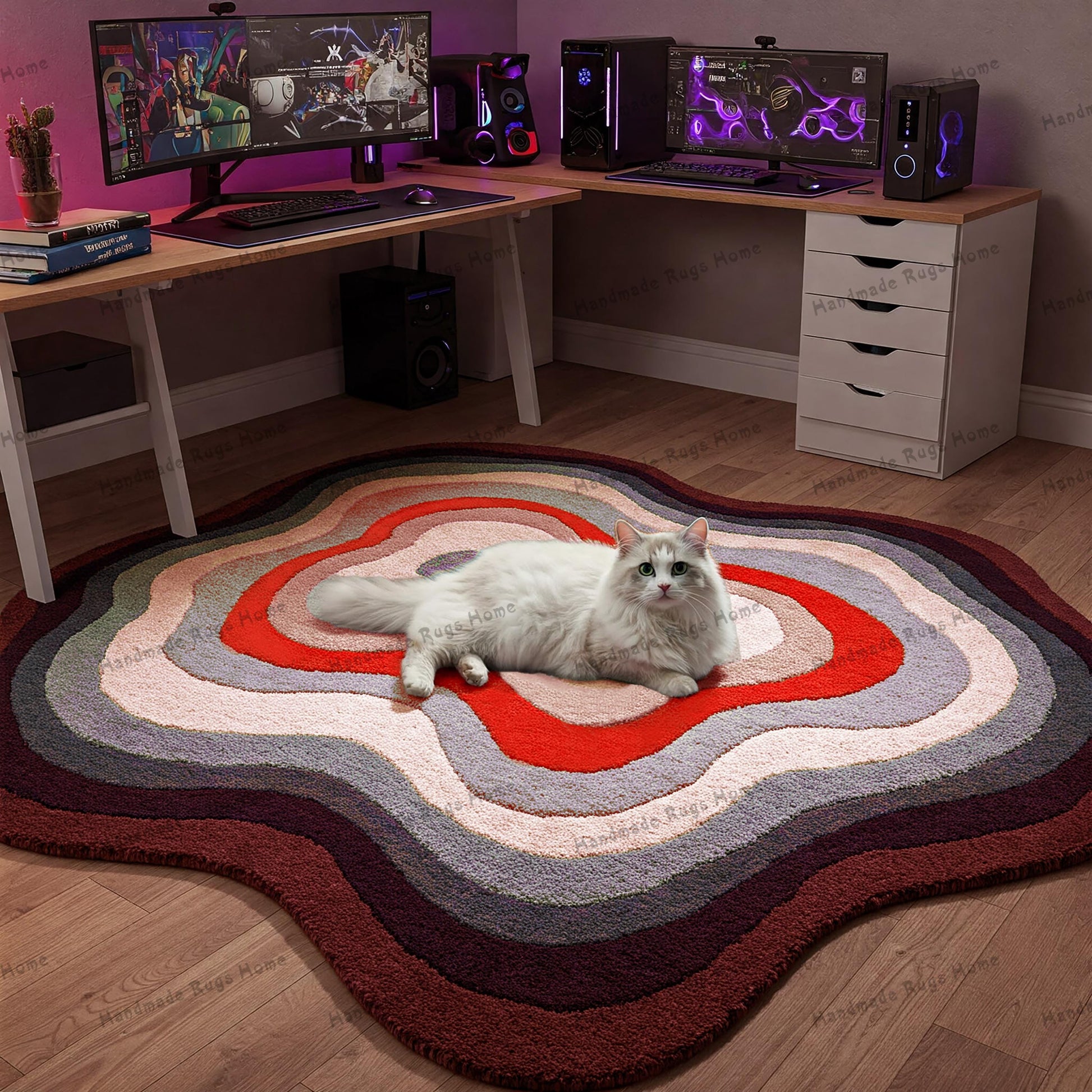 Modern tufted rug with geometric shapes, enhancing the decor of a gaming room.