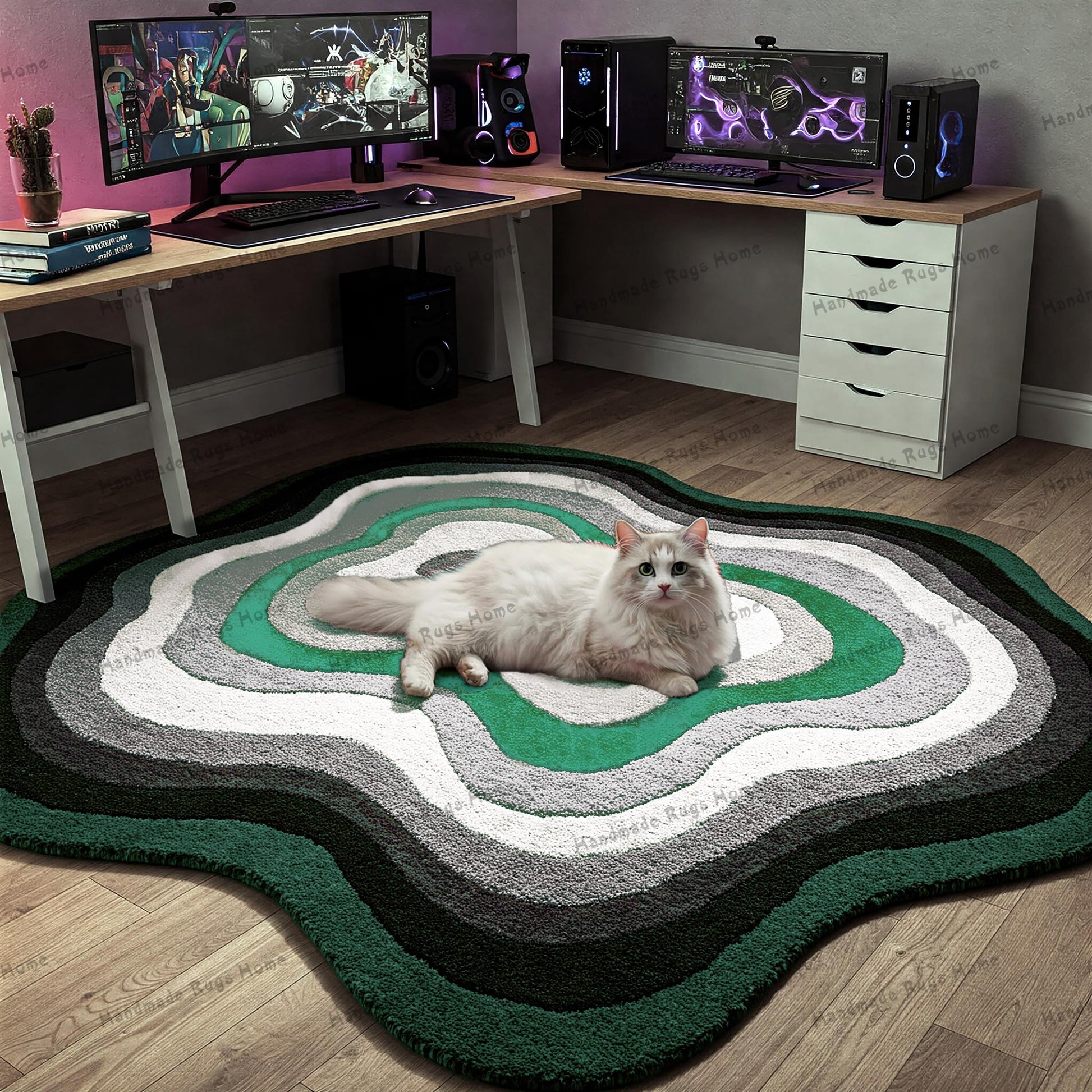 Abstract tufted rug in bold colors, adding personality to a study room.