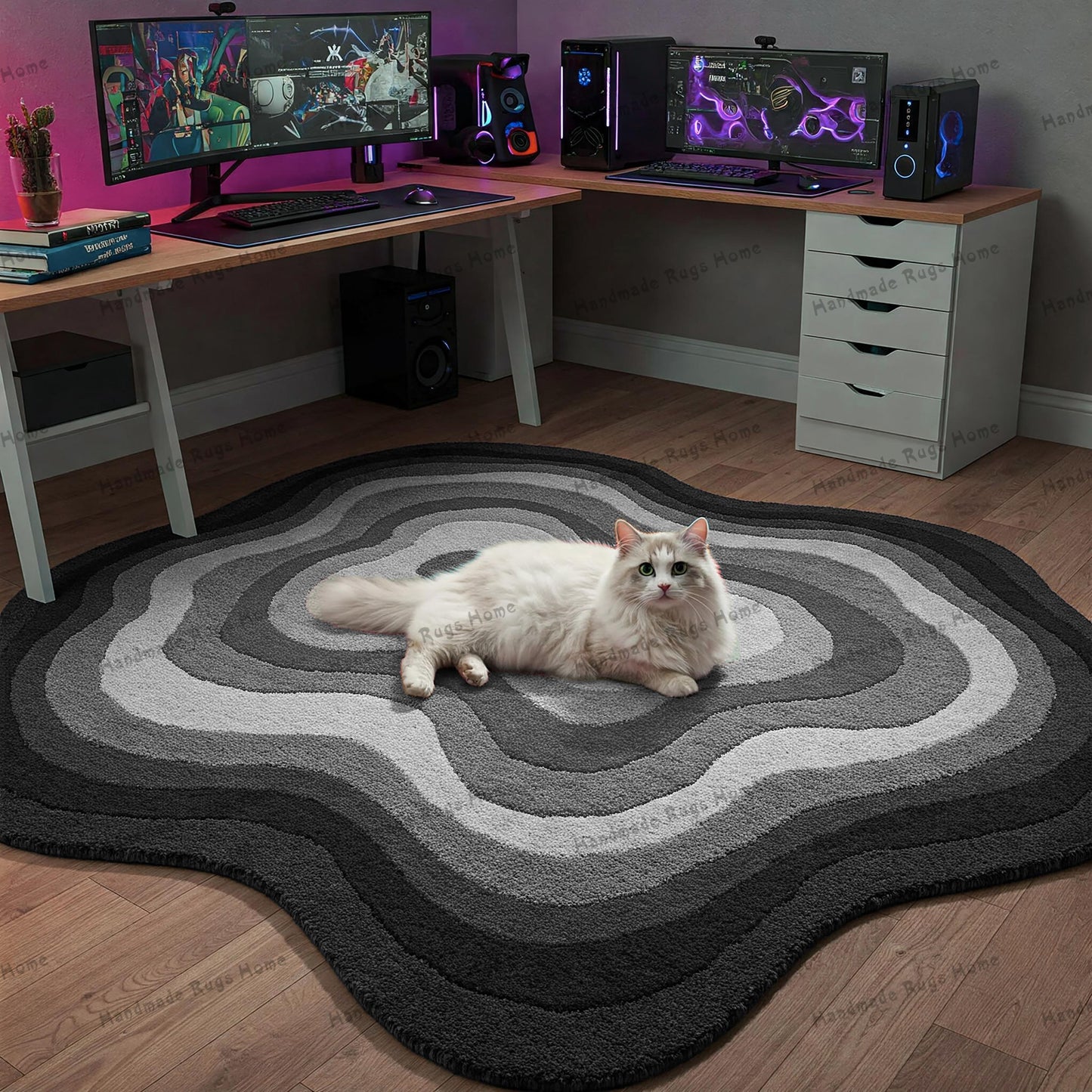 A tufted rug featuring floral designs, creating a cozy atmosphere in a bedroom.