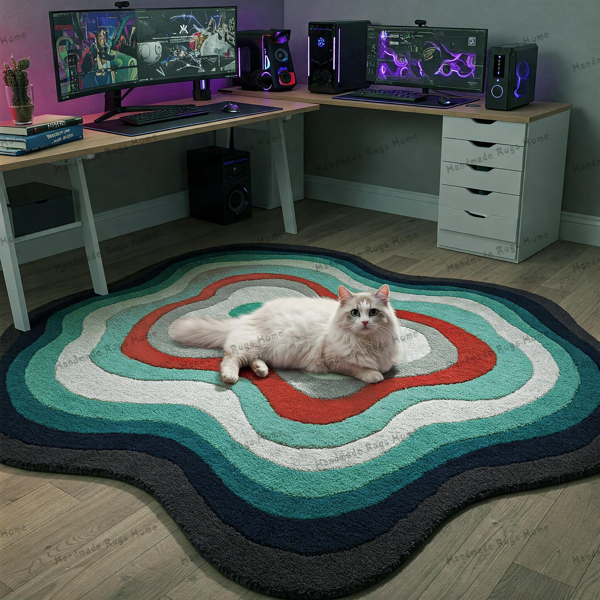 Artistic tufted rug with a checkerboard pattern, enhancing a contemporary interior.