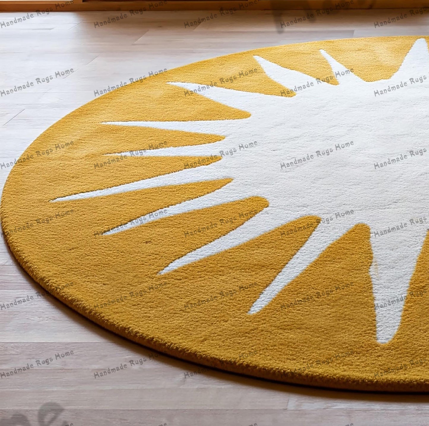 Vibrant mustard round hand-tufted rug, featuring a cozy texture and stylish design, ideal for enhancing any space with a touch of modern elegance.
