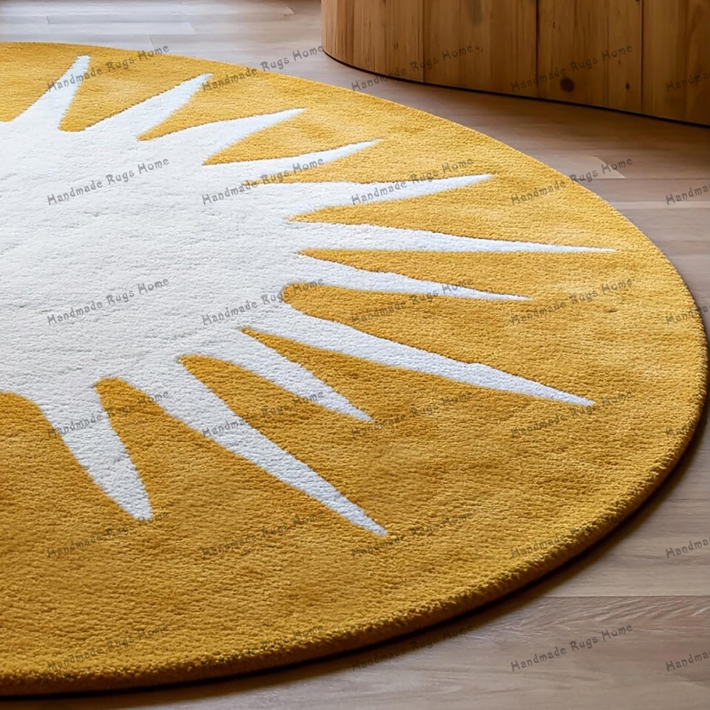 Mustard round hand-tufted rug with a soft, plush texture, perfect for adding a pop of color and warmth to your living room or bedroom decor.