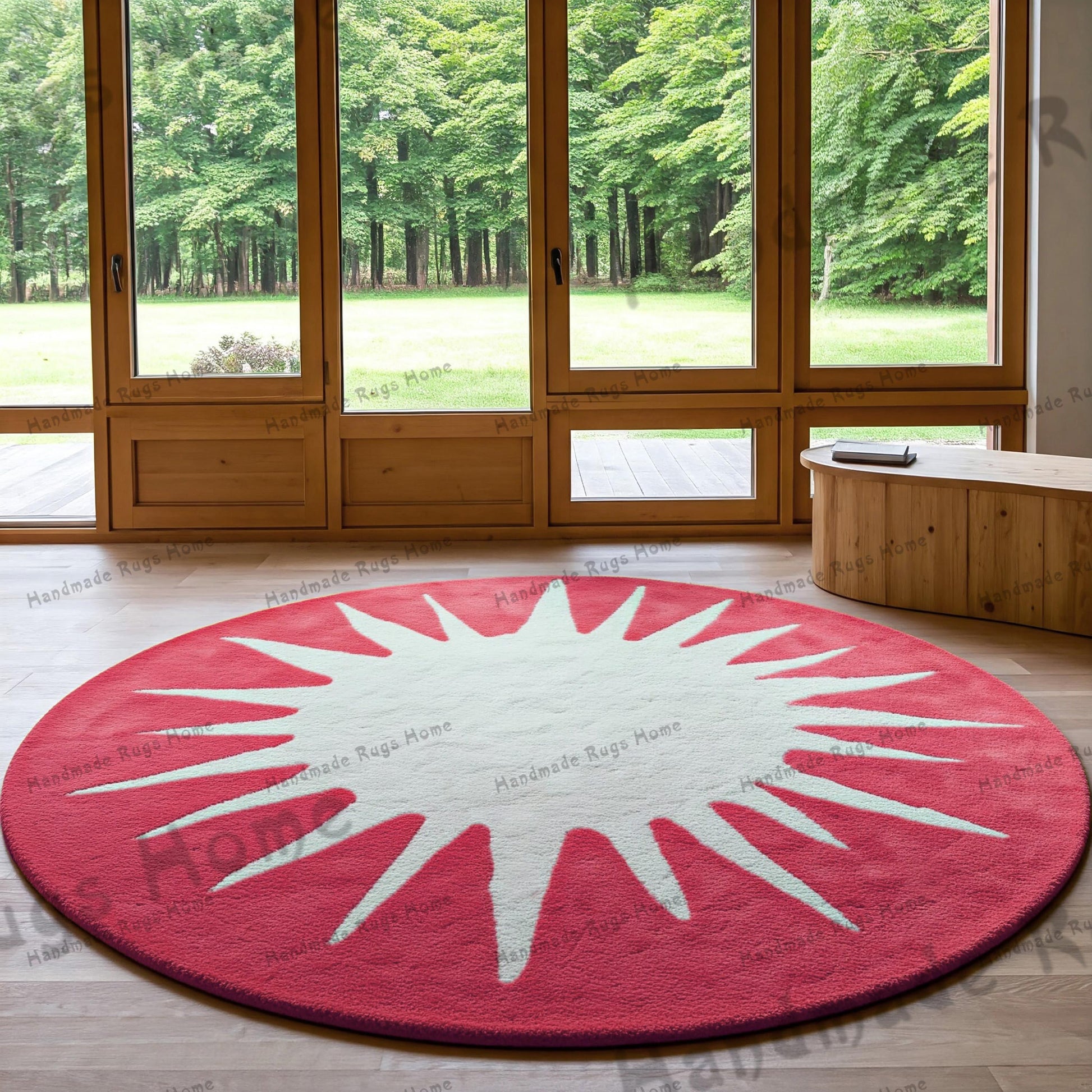Hand-tufted round rug in Pink, offering a luxurious texture and eye-catching color, perfect for living rooms, bedrooms, or entryways.