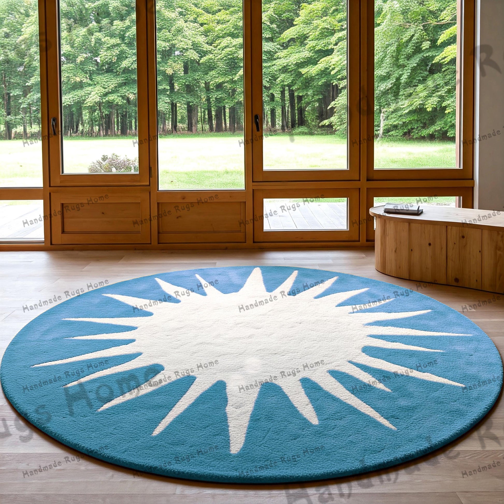 Cyan round hand-tufted rug with a plush feel, perfect for adding a cheerful touch to your decor. Great for living rooms, bedrooms, or play areas.