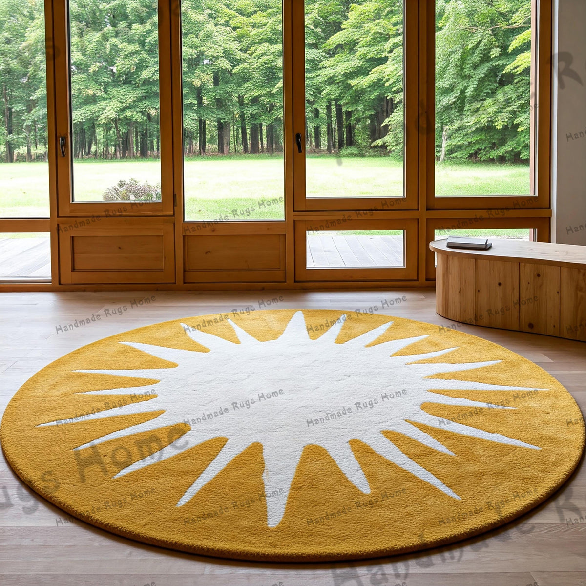 Mustard round hand-tufted rug featuring a soft, plush texture and a vibrant yellow color, perfect for adding warmth and style to any living space or bedroom.