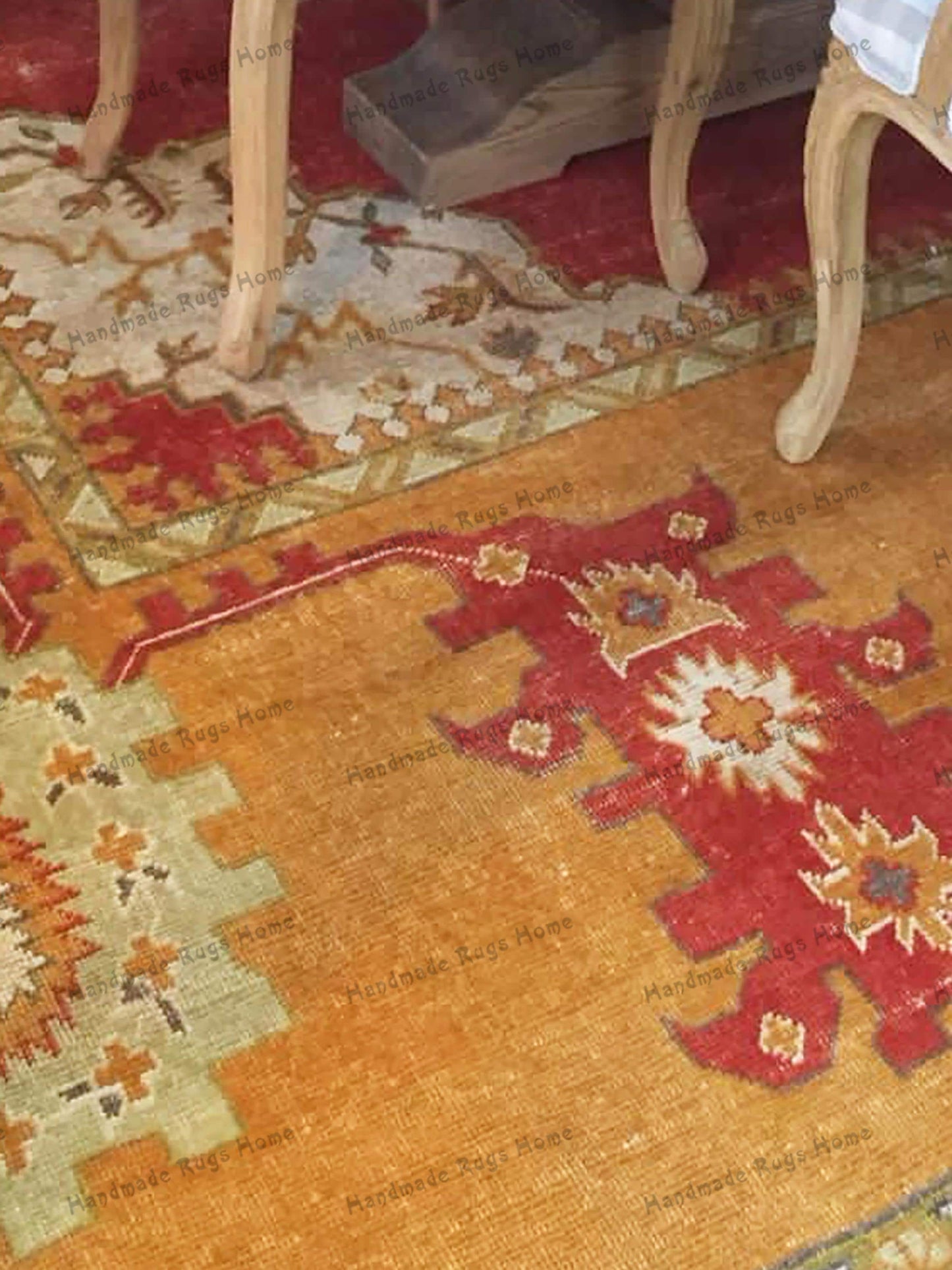 Authentic Oushak Wool Rug - 9x12 Handmade Vintage Turkish Carpet in Gold, Rust, and Ivory, Featuring Ornate Medallions.