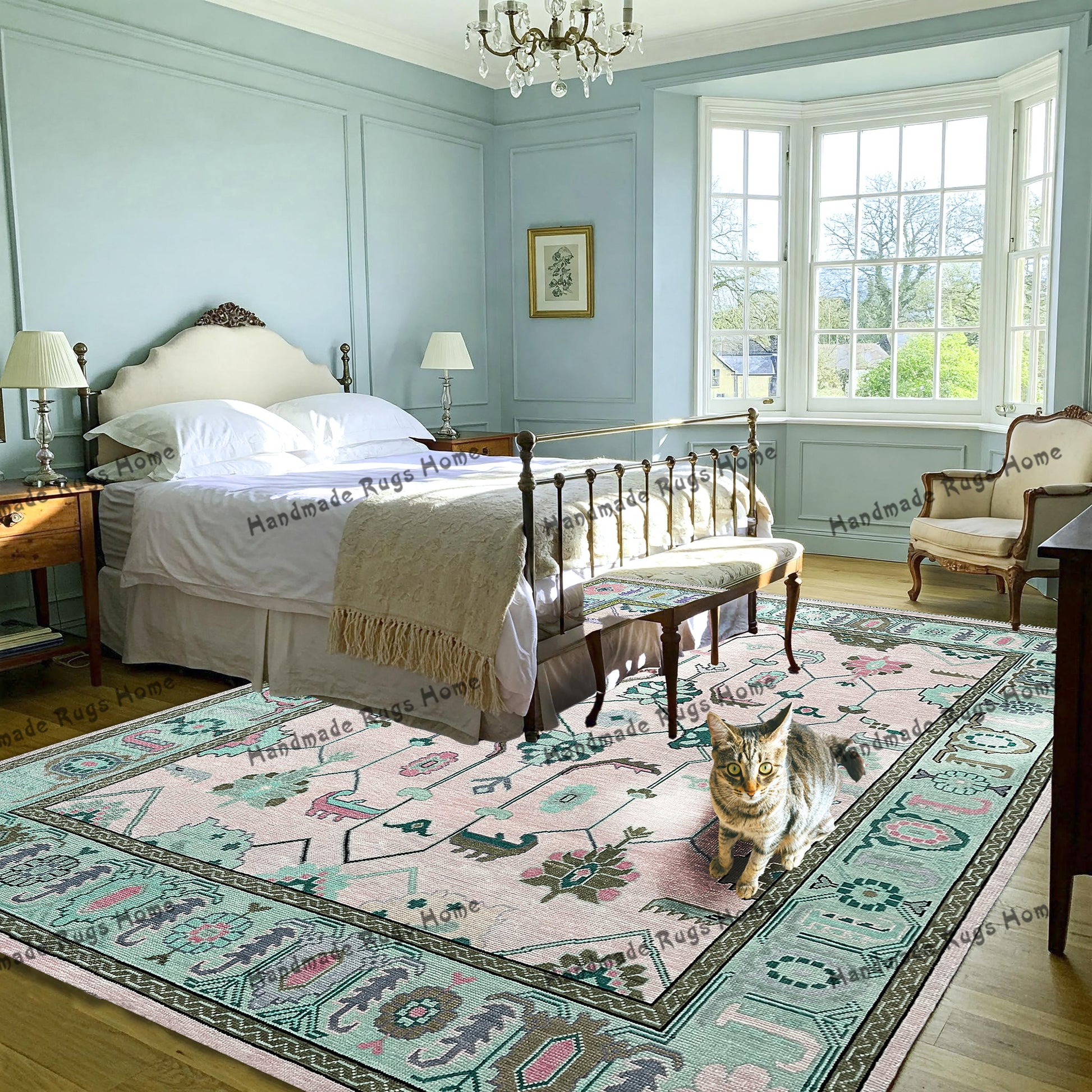 Handwoven Turkish rug featuring Oushak-style patterns and soft hues.