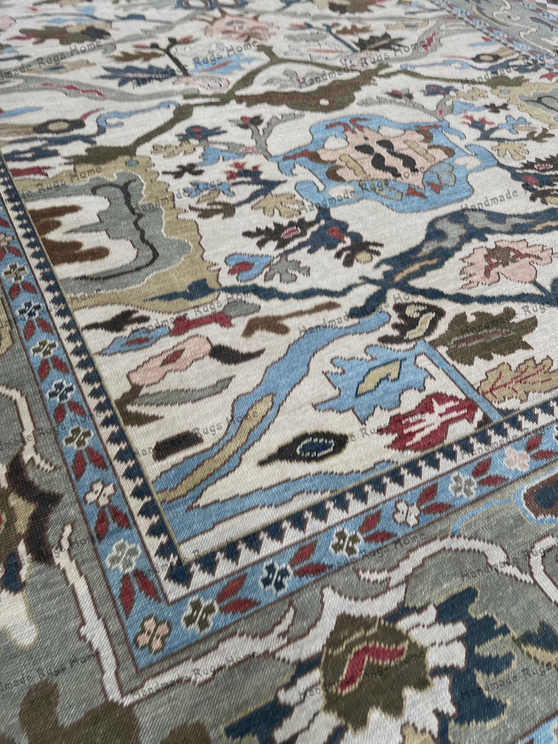 Authentic Handwoven Turkish Oushak Rug – Large Wool Carpet with Distressed Ivory, Blue & Olive Green Tones