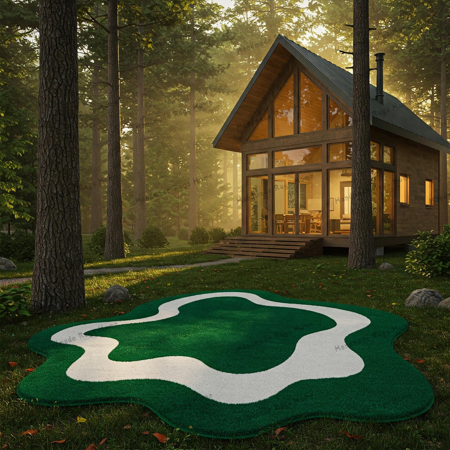 Abstract tufted area rug with unique wavy design featured near a warm-lit wooden house.
