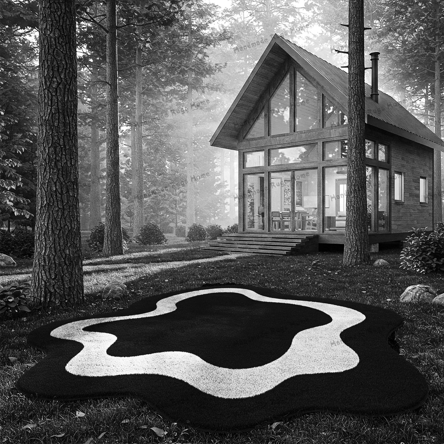 Contemporary black and cream rug adding warmth to an outdoor wooden cabin scene.