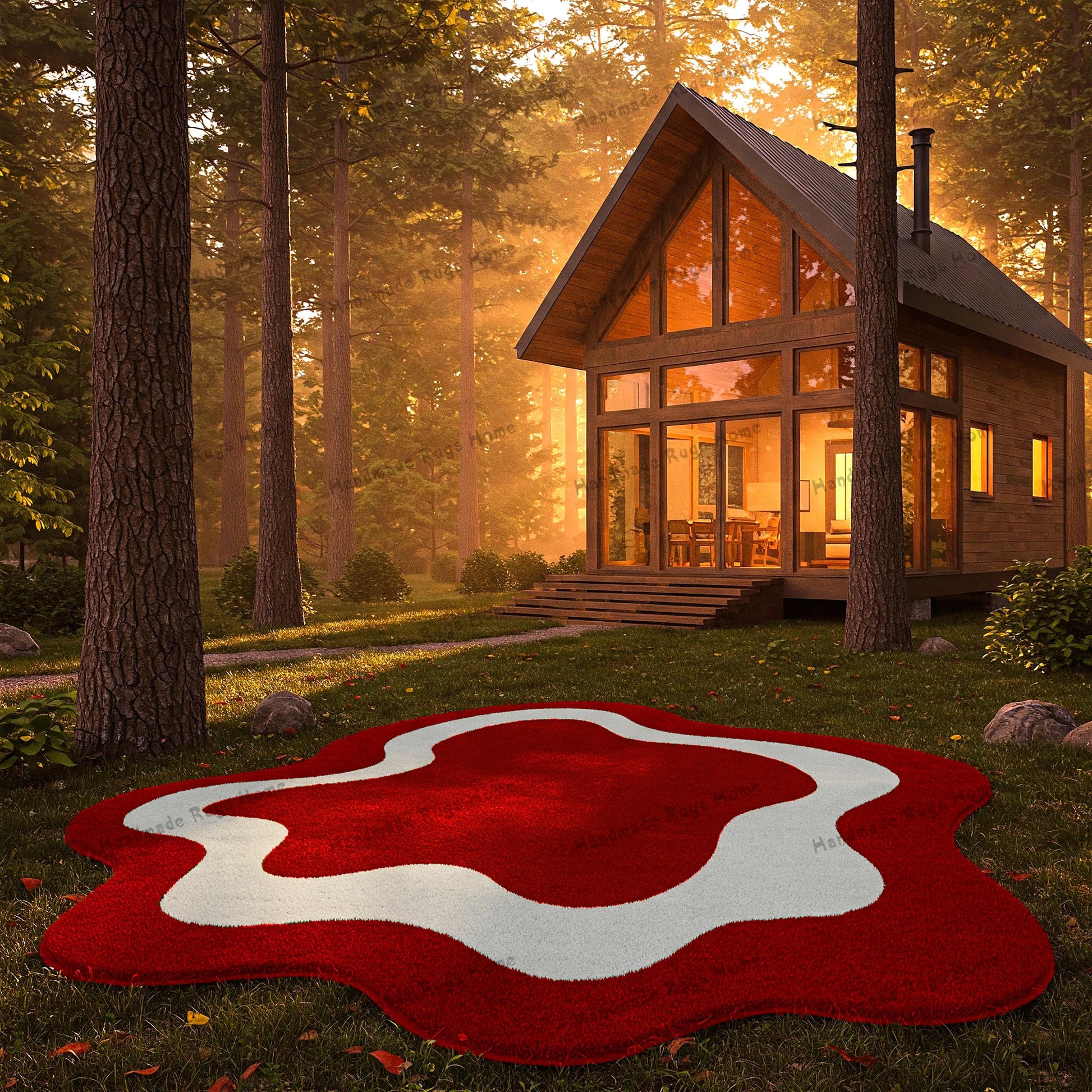 Handmade abstract area rug with rust brown and cream tones in a forest setting.
