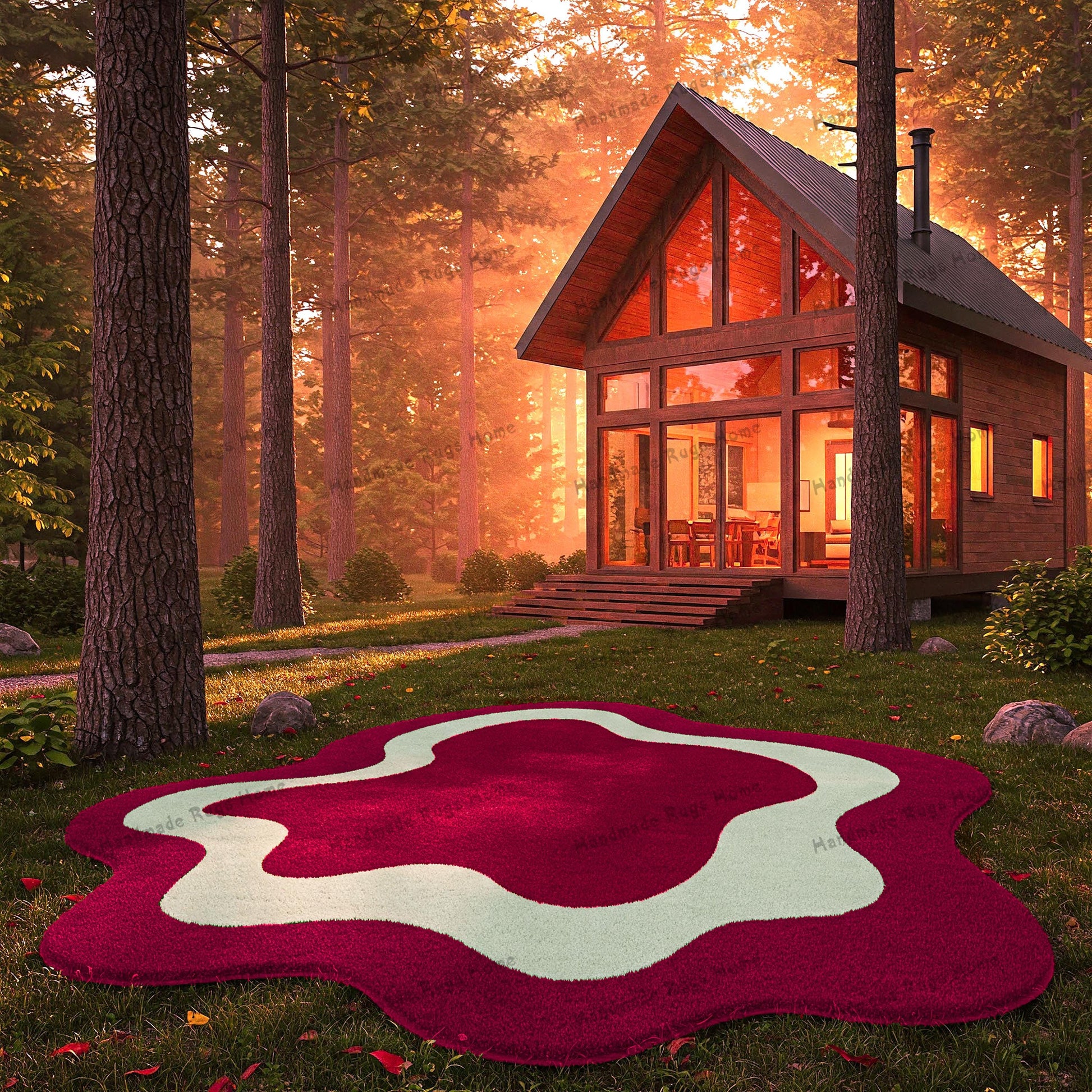 Handcrafted abstract rug with wavy patterns in earthy tones near a rustic wooden home.
