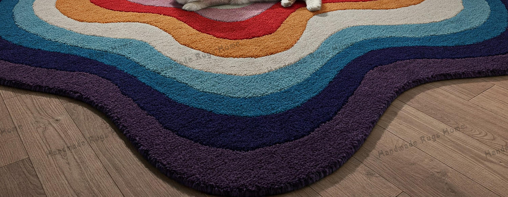 A colorful tufted rug with a wavy abstract design, adding texture and charm to a cozy living room.