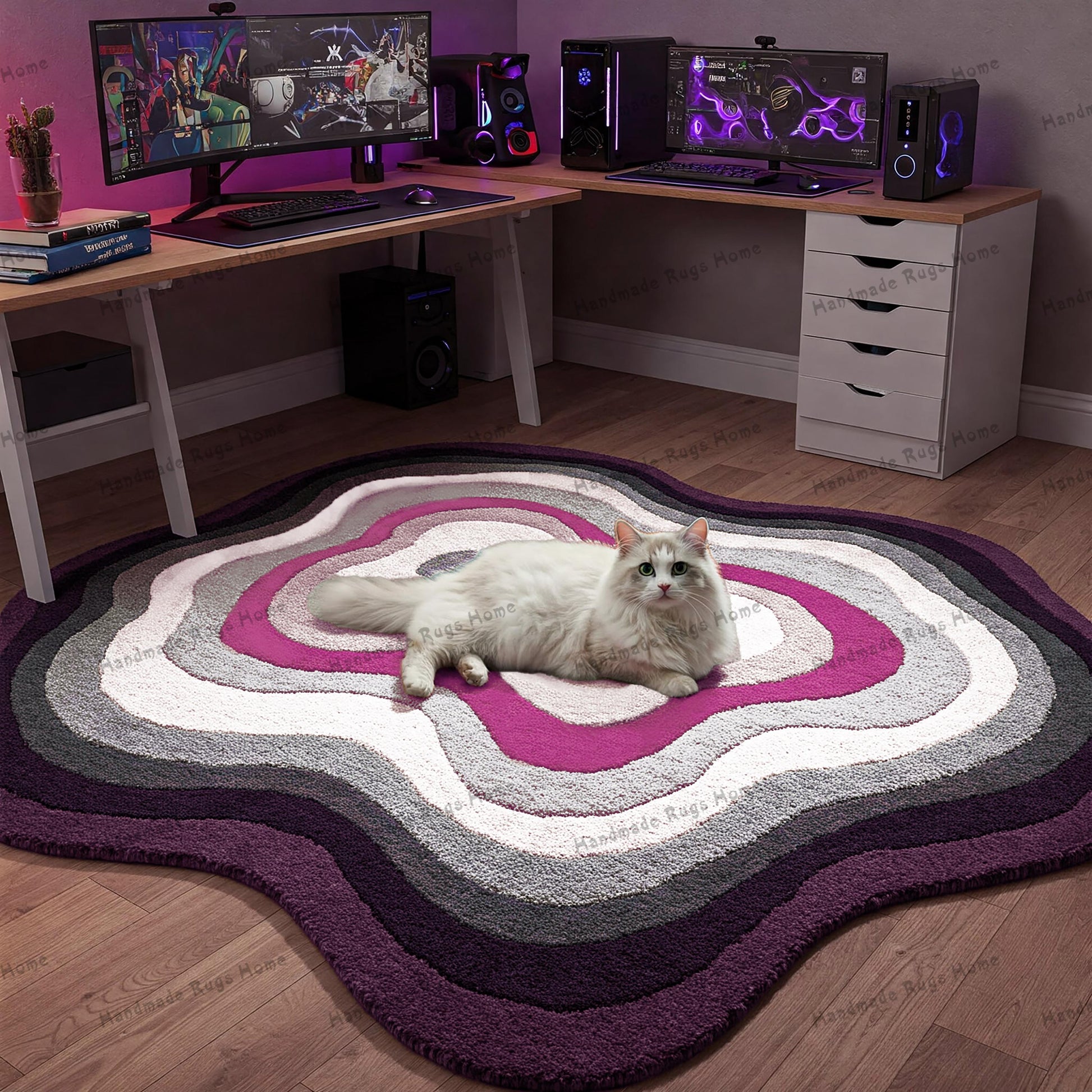 A round tufted rug with a gradient color scheme, placed under a coffee table.