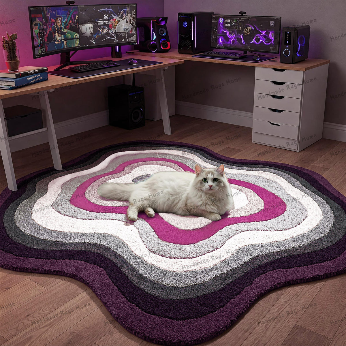 A round tufted rug with a gradient color scheme, placed under a coffee table.