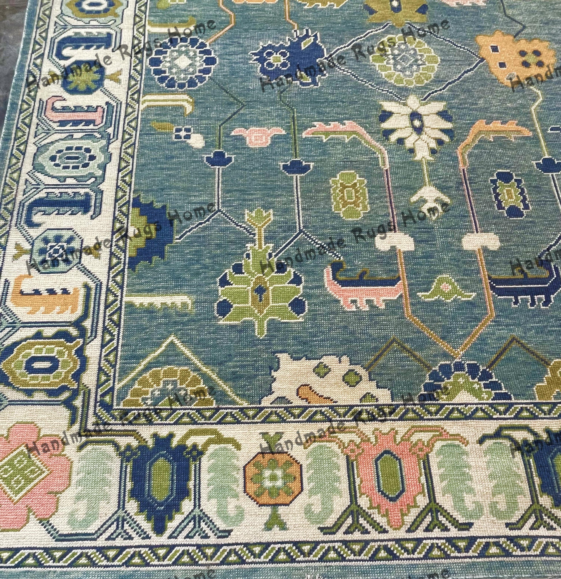 Premium-quality handmade Oushak carpet in pastel blue.