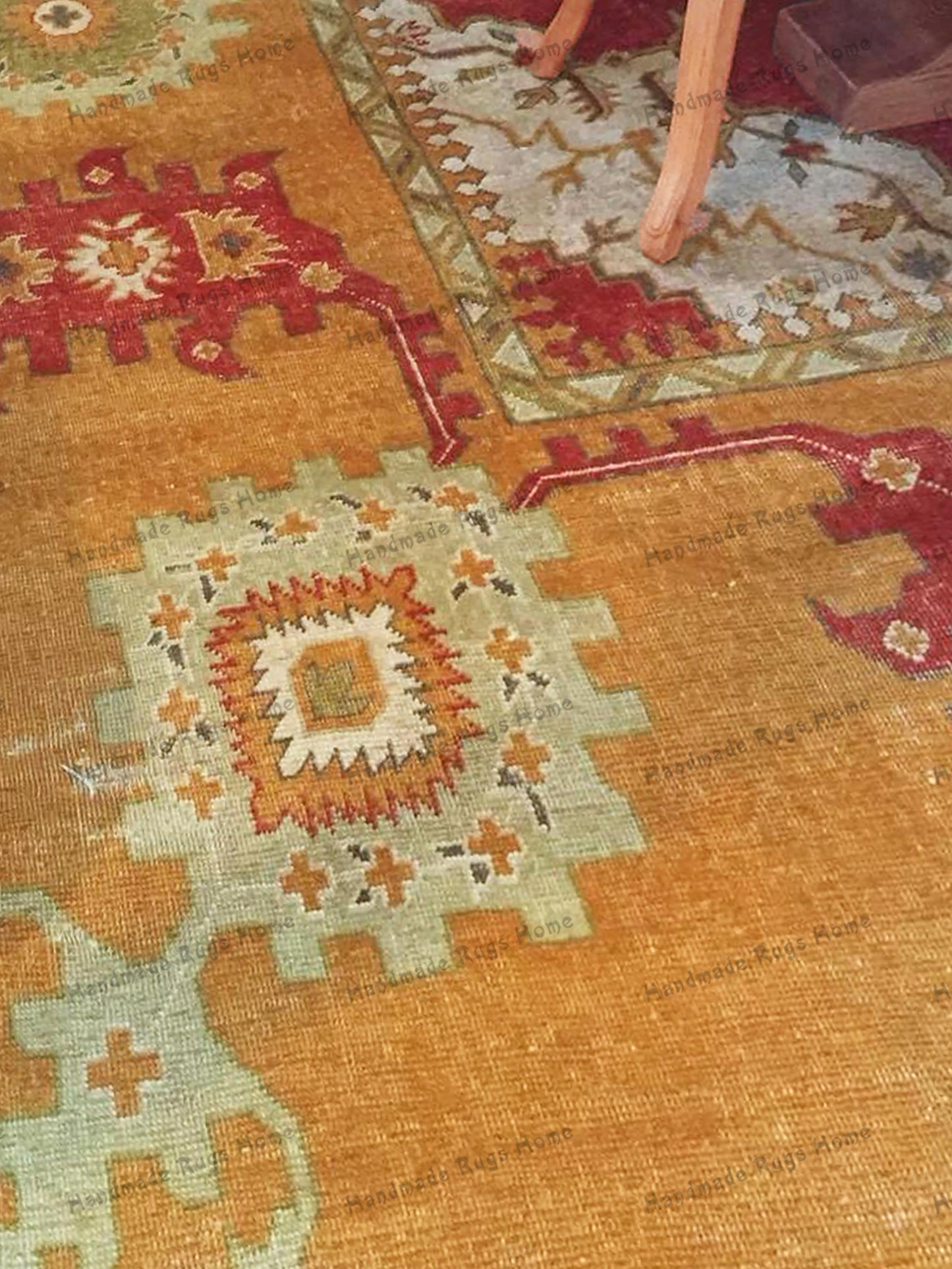 Antique-Style Turkish Oushak Rug - 9x12 Handwoven Wool Carpet with Rustic Gold, Red & Blue Tones, Ideal for Farmhouse Décor.