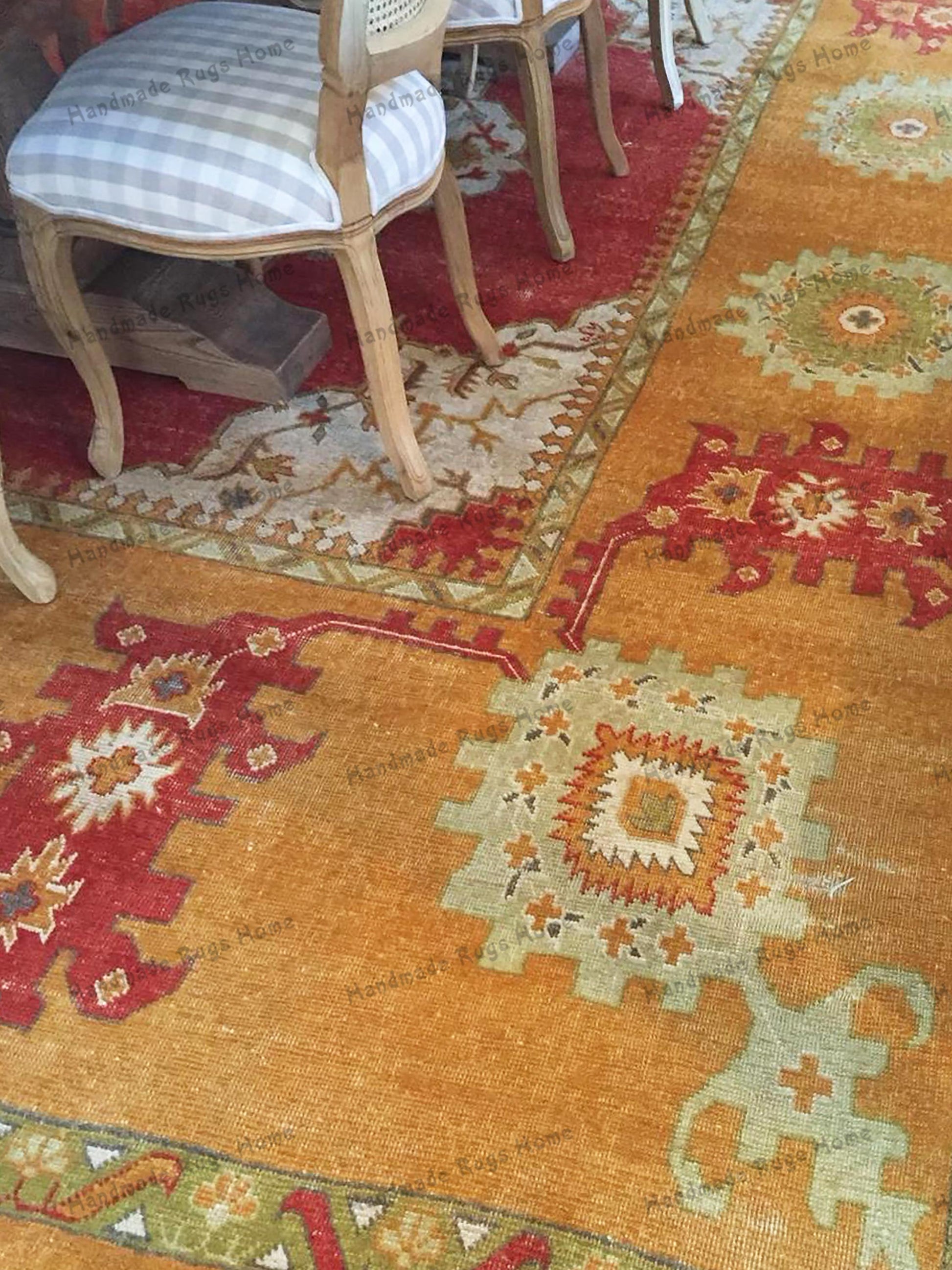 Luxury Handmade Oushak Rug – Large Oriental Wool Area Rug in Warm Gold, Red, and Ivory, Perfect for Dining & Living Rooms.