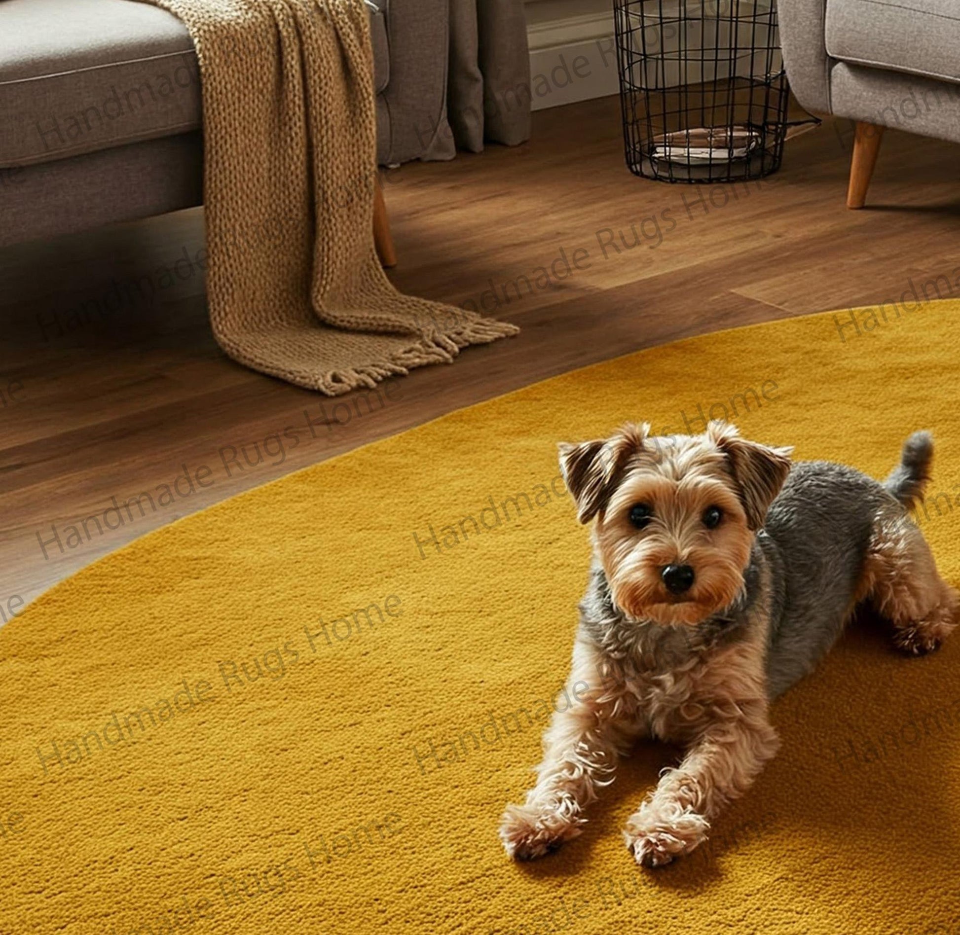 Handmade mustard yellow rug with a soft plush texture.