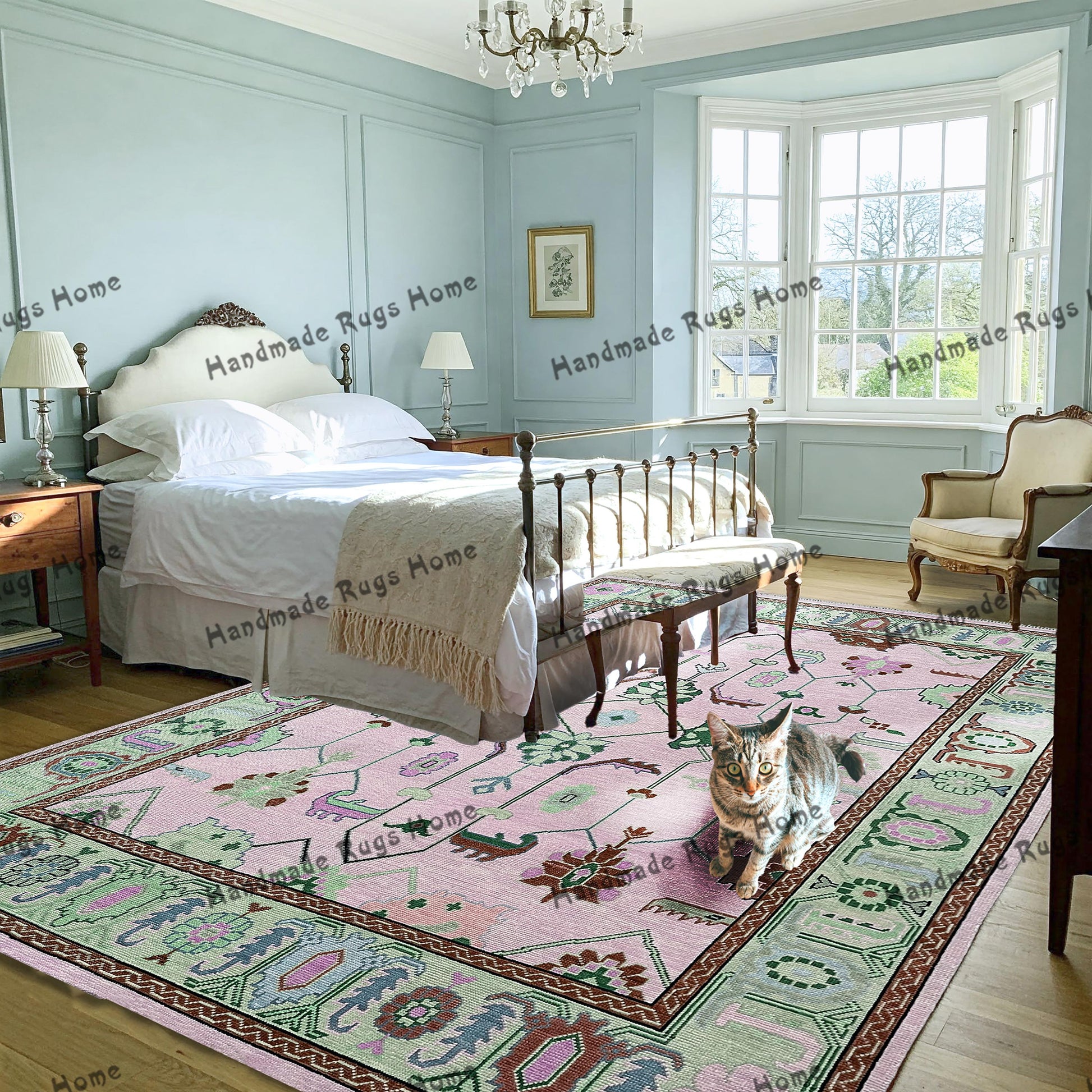 Light pink and green Turkish rug with a mix of geometric and floral designs.
