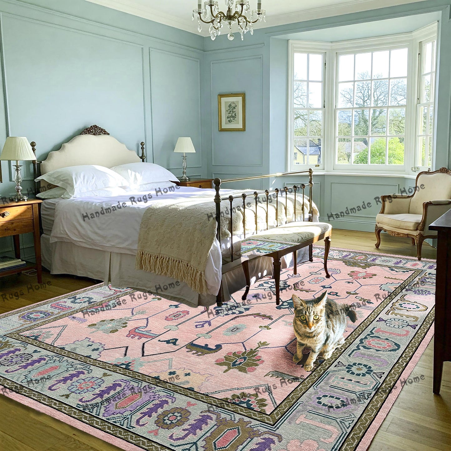 Modern Turkish carpet featuring Oushak-style patterns and soft colors.