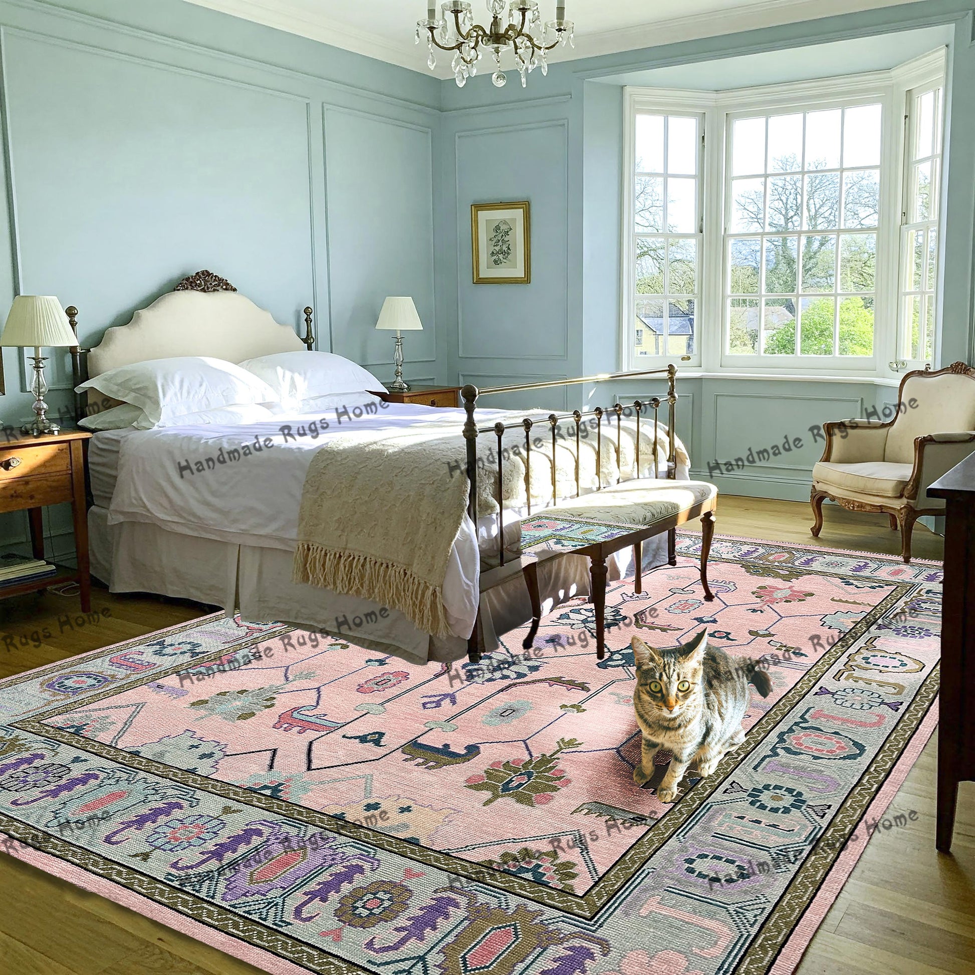 Modern Turkish carpet featuring Oushak-style patterns and soft colors.
